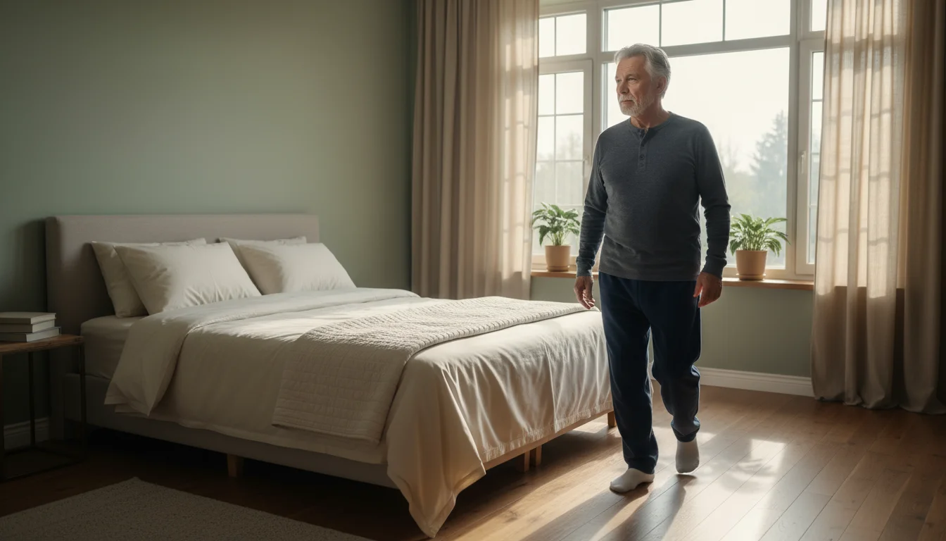 An older man in his late 60s, wearing simple pajamas, walks purposefully across a tidy bedroom toward a window with closed curtains, where soft mornin