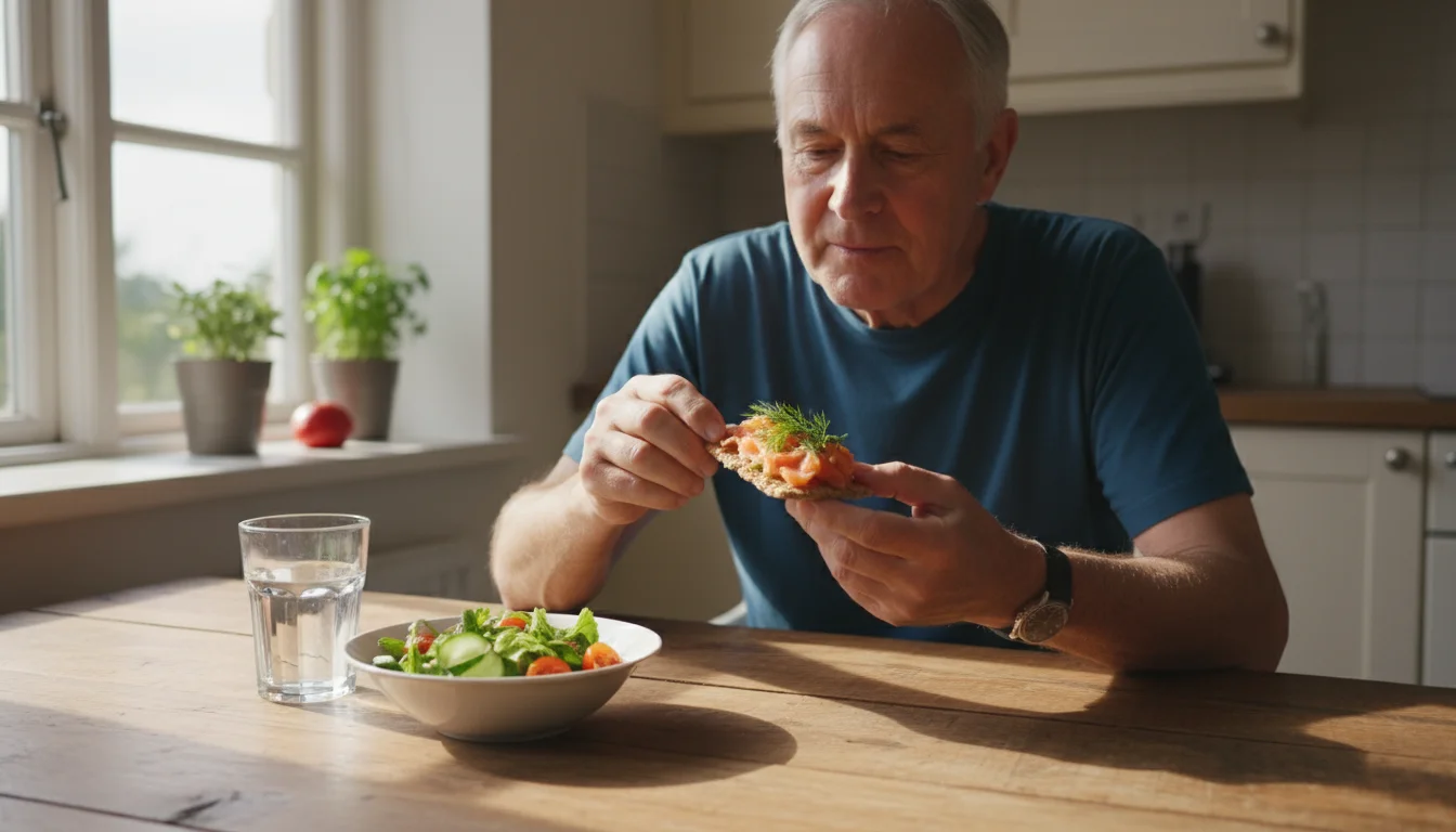 An older man with kind eyes sits at a bright kitchen table, holding a cracker topped with flaked salmon and dill. A small salad and water are nearby.