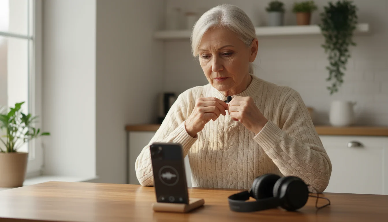 An older woman clips a lavalier microphone to her sweater, with a smartphone on a stand beside her. A younger woman smiles in the background.