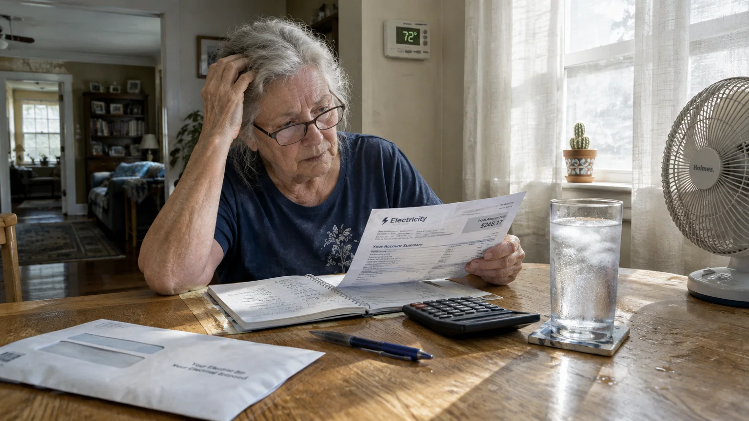 Senior woman with glasses looks stressed while reviewing an electricity bill at a table with a calculator and fan.
