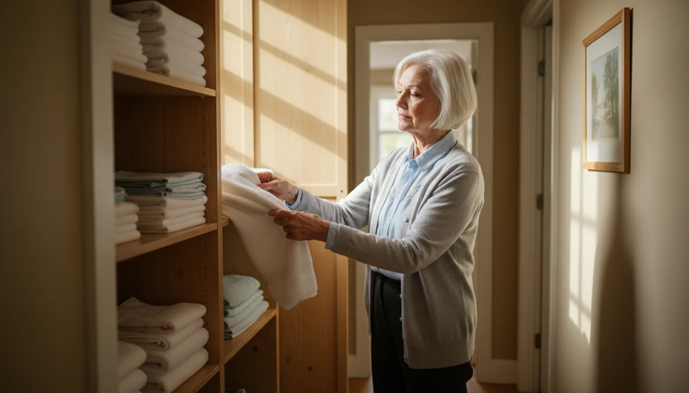 An older woman with silver hair in a domestic hallway, calmly removing a neatly folded white towel from an open, well-organized linen closet.