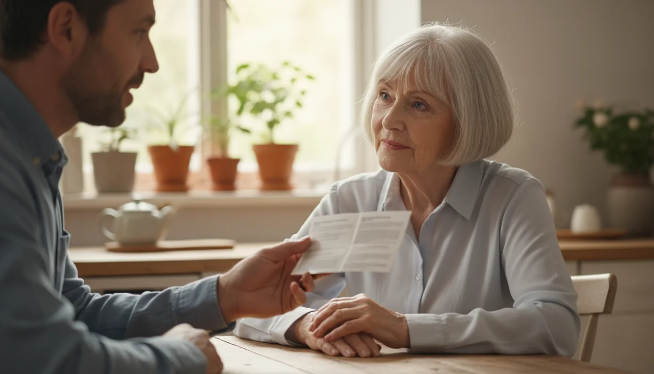 An older woman with silver hair intently listens to a younger man, her son, holding a brochure, during a discussion at a kitchen table.