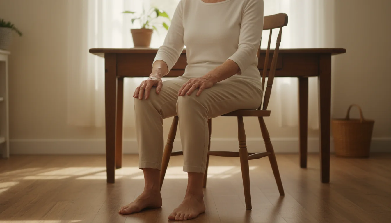 Older woman sits on a wooden chair with excellent posture, hands on thighs, feet flat, serene expression, natural light.