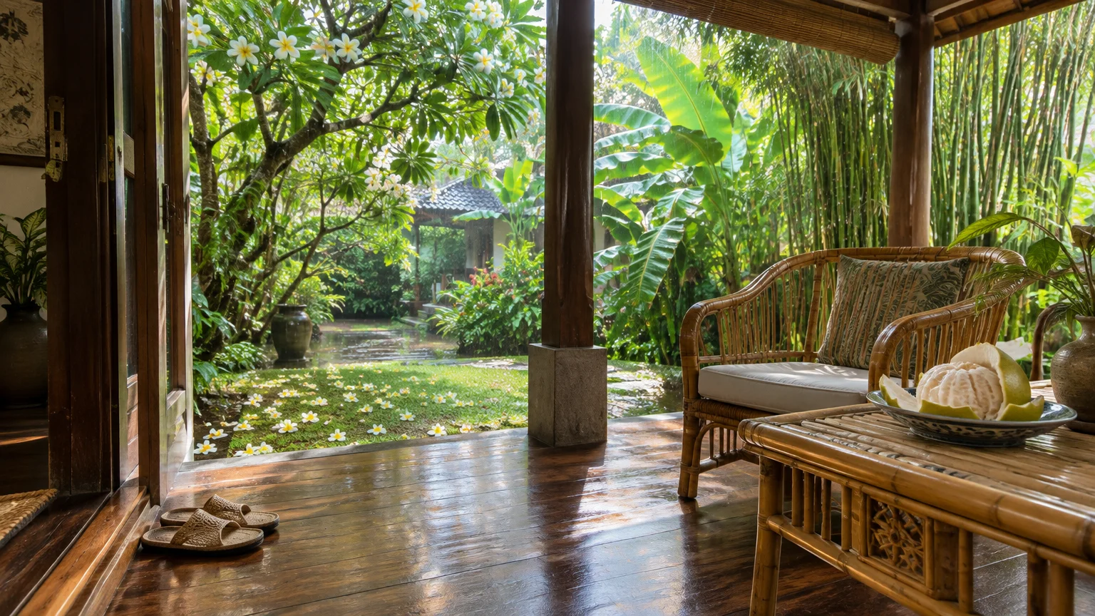Covered wooden porch with bamboo furniture looking out at a lush tropical garden with flowering trees and banana palms.