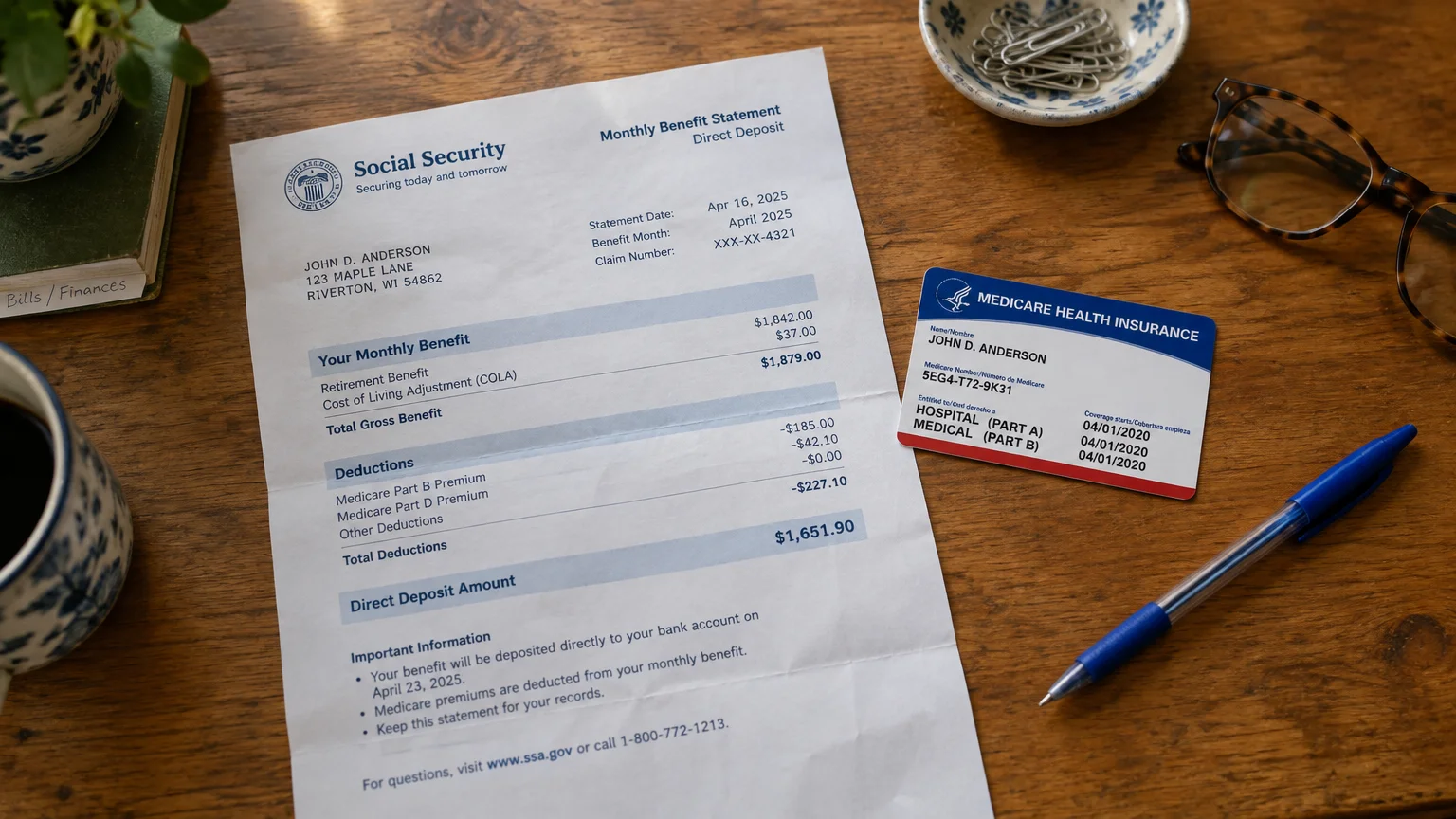 Social Security benefit statement beside a Medicare card, blue pen, and eyeglasses on a wooden desk.