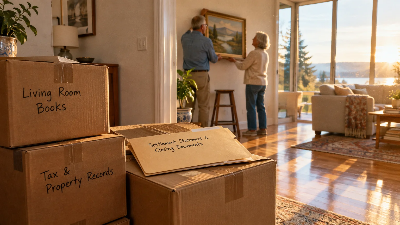 Moving boxes and closing documents in a sunlit living room while an older couple hangs a painting in the background.