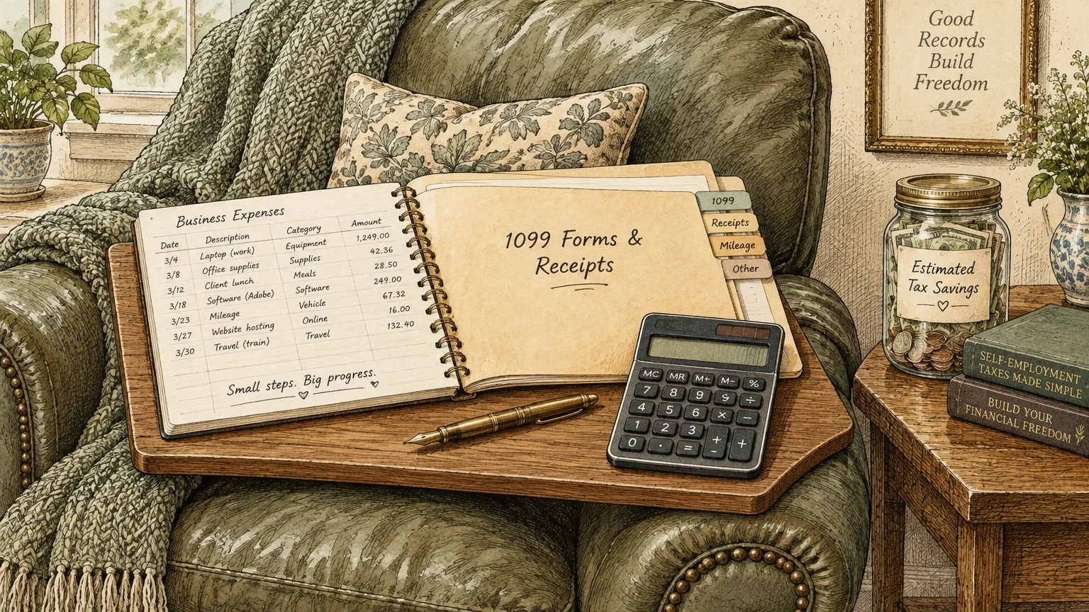 Open expense ledger, pen, and calculator resting on an armchair lap desk beside a savings jar and tax books.