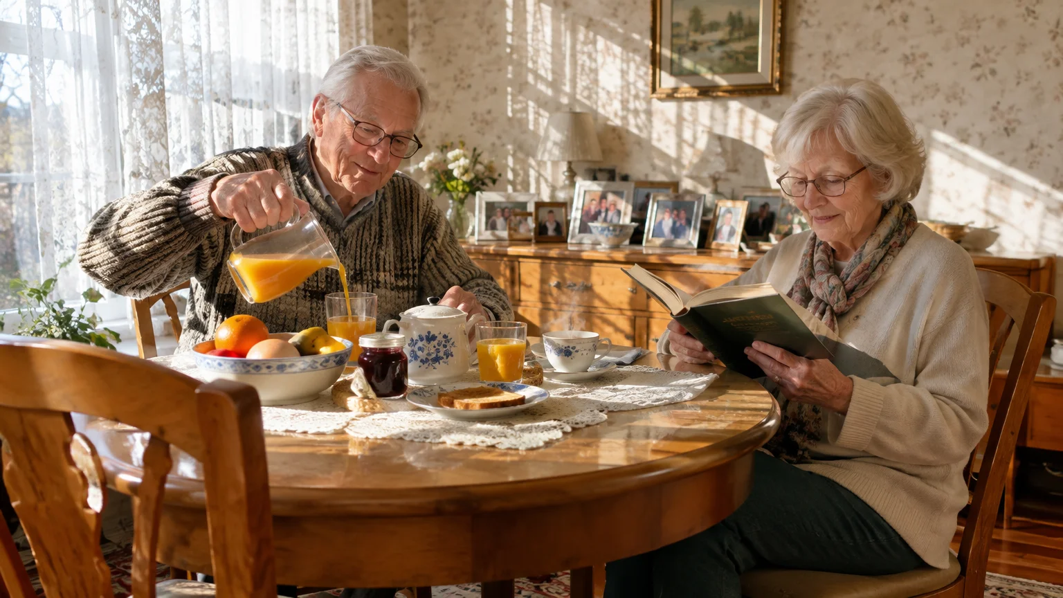 An elderly couple sitting at a sunlit breakfast table as the man pours orange juice and the woman reads a book.