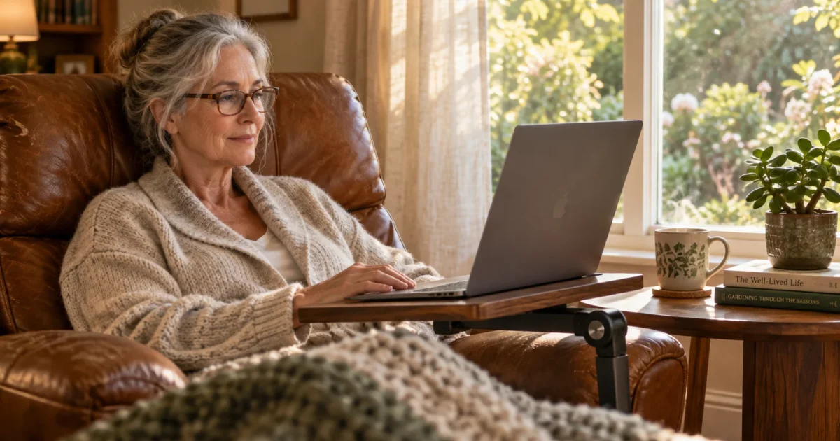 Older woman with glasses sitting in a brown leather armchair, typing on a laptop attached to a swivel tray table.