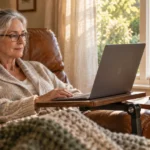 Older woman with glasses sitting in a brown leather armchair, typing on a laptop attached to a swivel tray table.