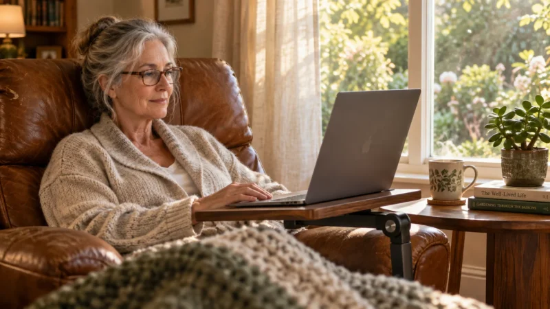 Older woman with glasses sitting in a brown leather armchair, typing on a laptop attached to a swivel tray table.