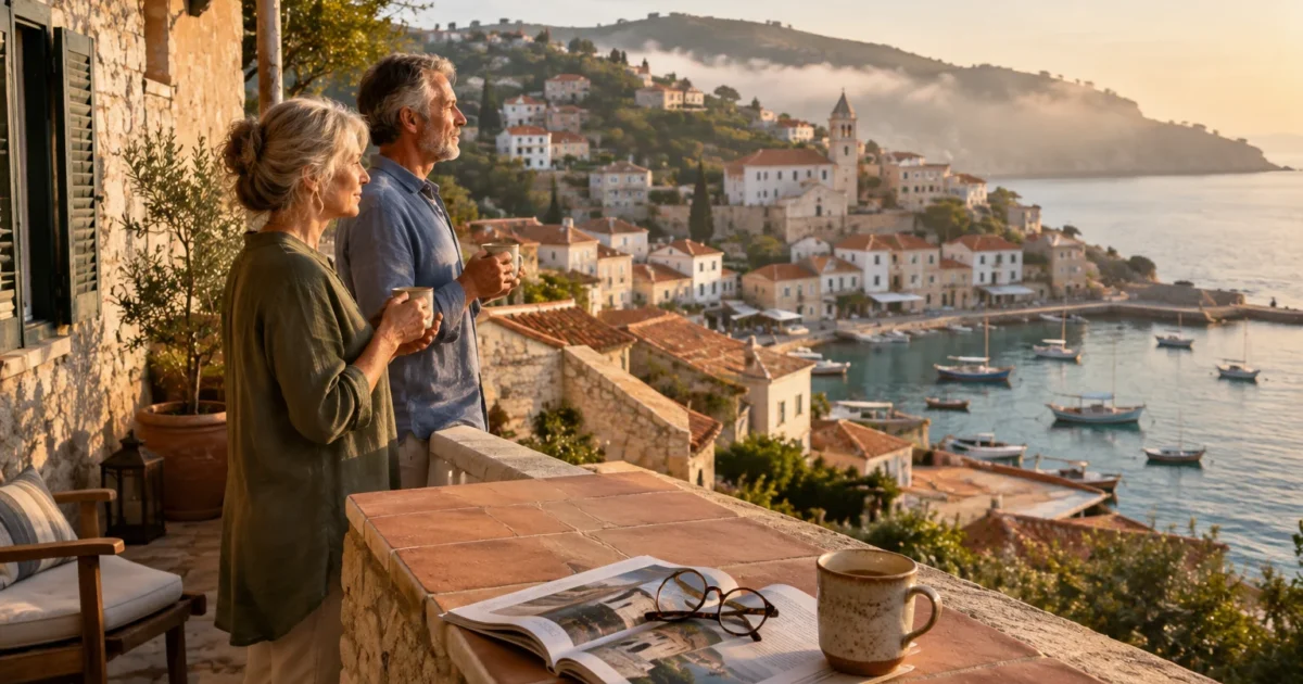 Older couple holding mugs on a stone balcony overlooking a Mediterranean coastal town and harbor at sunrise.