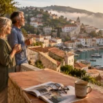 Older couple holding mugs on a stone balcony overlooking a Mediterranean coastal town and harbor at sunrise.