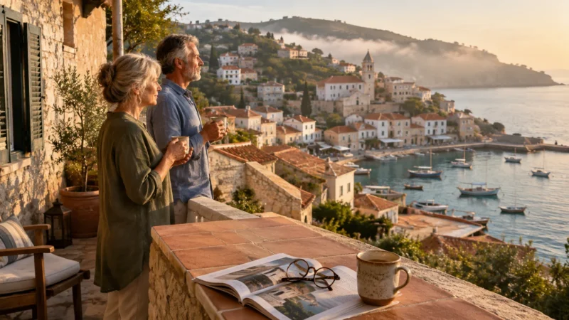 Older couple holding mugs on a stone balcony overlooking a Mediterranean coastal town and harbor at sunrise.