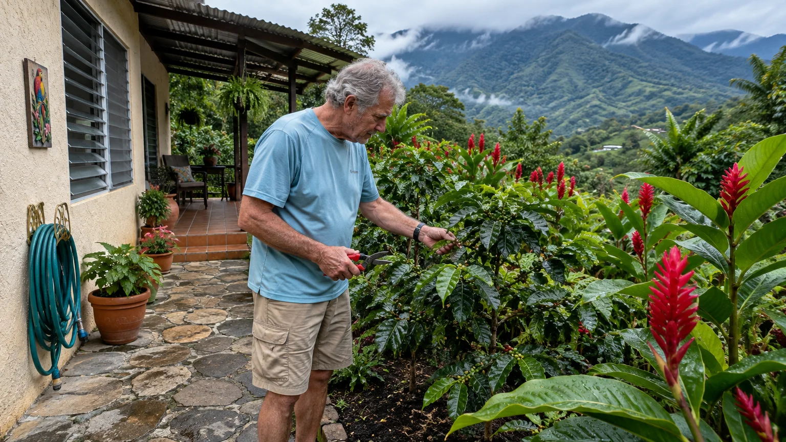 An older man trims lush garden plants on a stone patio overlooking green, mist-covered tropical mountains.