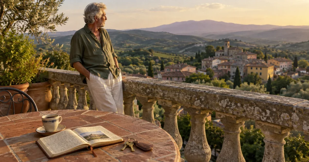 A man leans against a stone balustrade overlooking a hillside village, next to a table with coffee, a book, and keys.