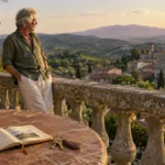 A man leans against a stone balustrade overlooking a hillside village, next to a table with coffee, a book, and keys.