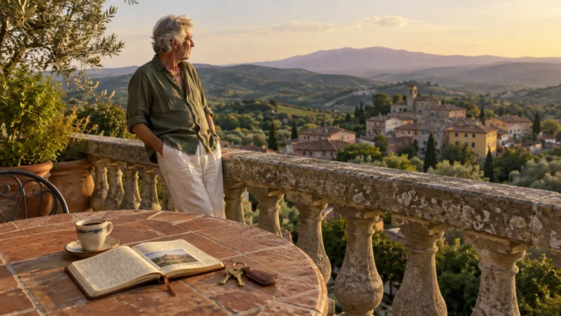 A man leans against a stone balustrade overlooking a hillside village, next to a table with coffee, a book, and keys.