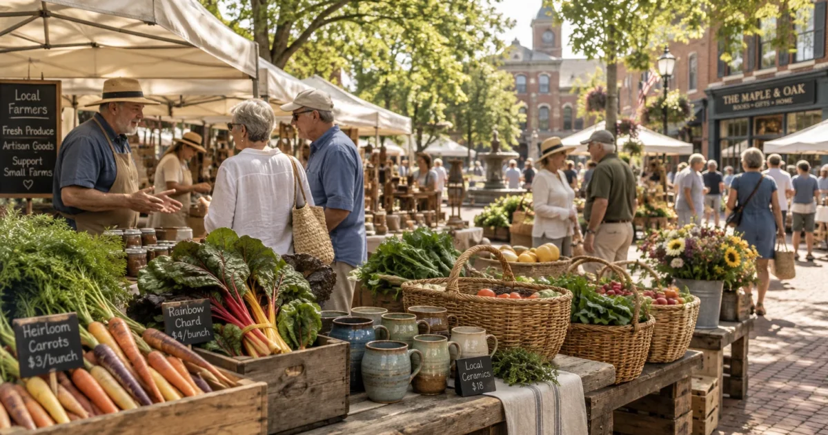 Shoppers browse fresh vegetables, flowers, and ceramic mugs at a sunlit outdoor farmers market in a town square.