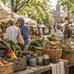 Shoppers browse fresh vegetables, flowers, and ceramic mugs at a sunlit outdoor farmers market in a town square.