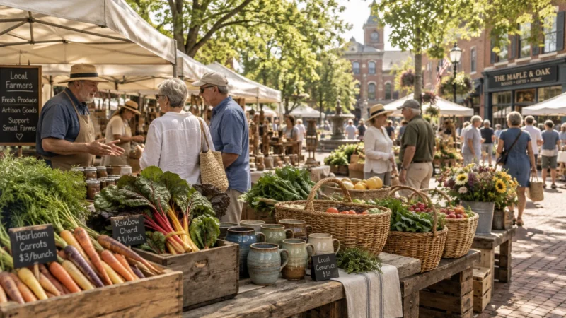 Shoppers browse fresh vegetables, flowers, and ceramic mugs at a sunlit outdoor farmers market in a town square.