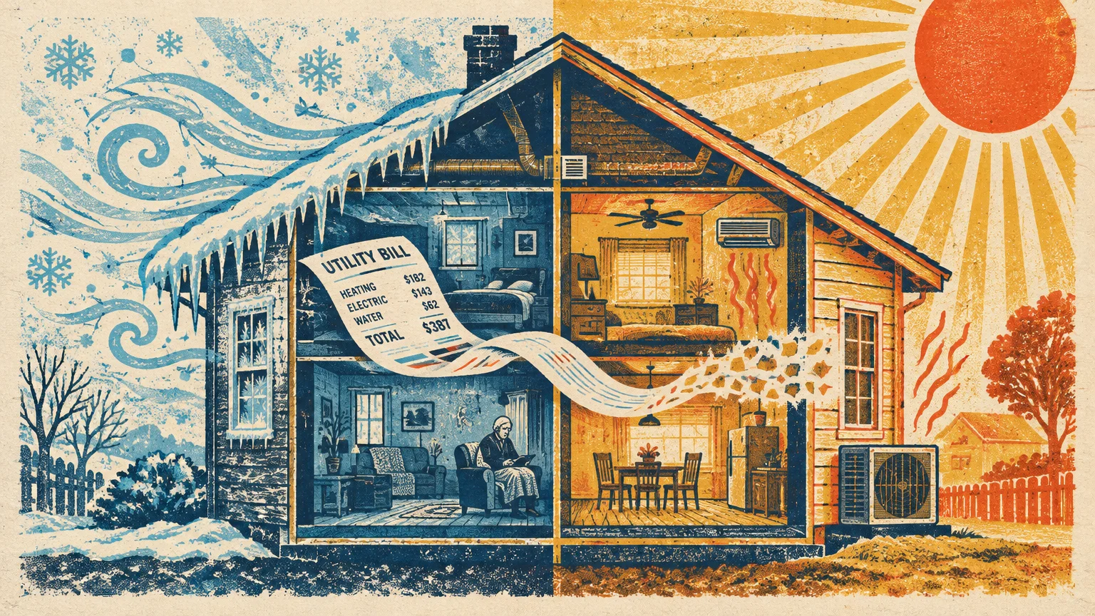 Split illustration of a house enduring winter on the left and summer on the right, connected by a large utility bill.