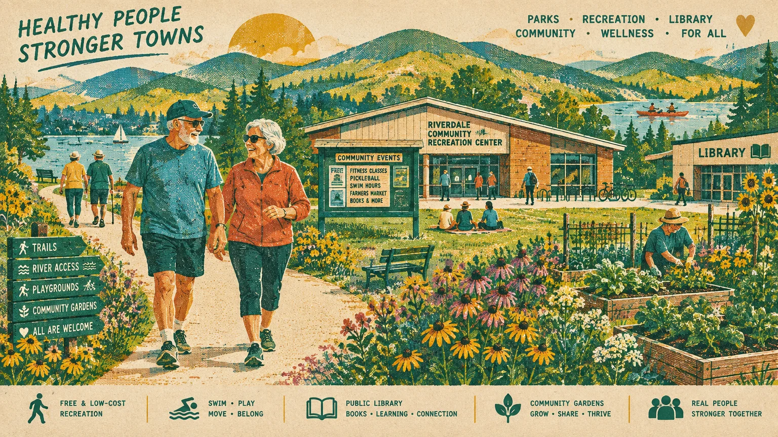 Retro illustration of people walking, gardening, and relaxing outside a community recreation center and library near mountains.