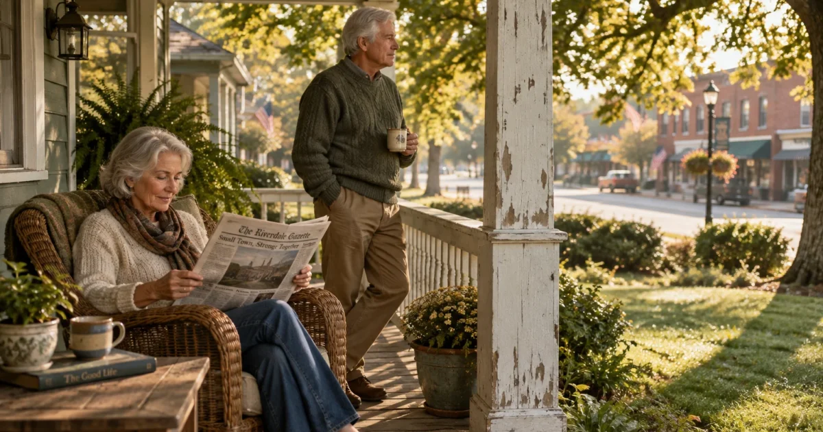 Senior couple relaxing on a sunny porch, with a woman reading a newspaper in a wicker chair and a man holding a mug.