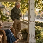 Senior couple relaxing on a sunny porch, with a woman reading a newspaper in a wicker chair and a man holding a mug.