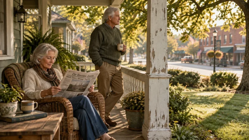 Senior couple relaxing on a sunny porch, with a woman reading a newspaper in a wicker chair and a man holding a mug.