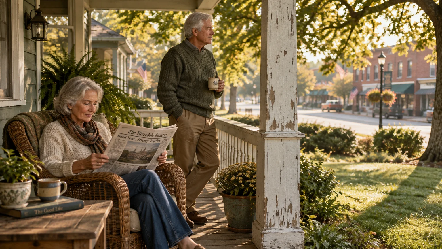 Senior couple relaxing on a sunny porch, with a woman reading a newspaper in a wicker chair and a man holding a mug.