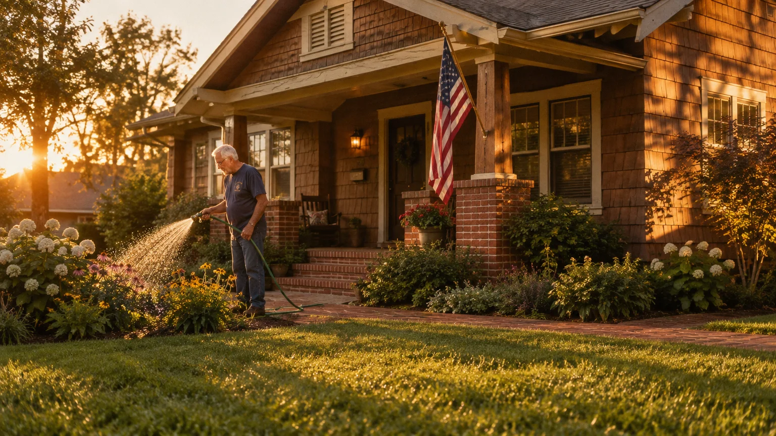 Senior man watering garden flowers with a hose in front of a craftsman house displaying an American flag at sunset.