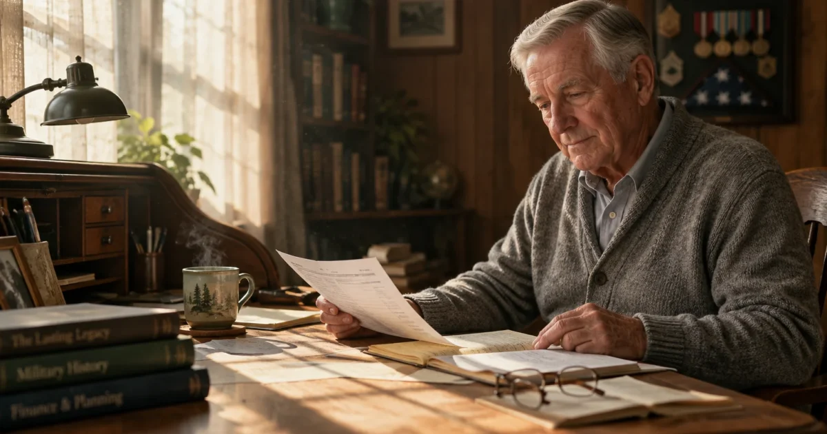 Senior man sitting at a wooden desk reviewing paperwork near open books, eyeglasses, and a steaming mug.