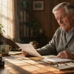 Senior man sitting at a wooden desk reviewing paperwork near open books, eyeglasses, and a steaming mug.
