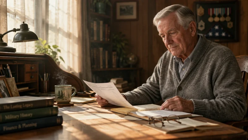 Senior man sitting at a wooden desk reviewing paperwork near open books, eyeglasses, and a steaming mug.