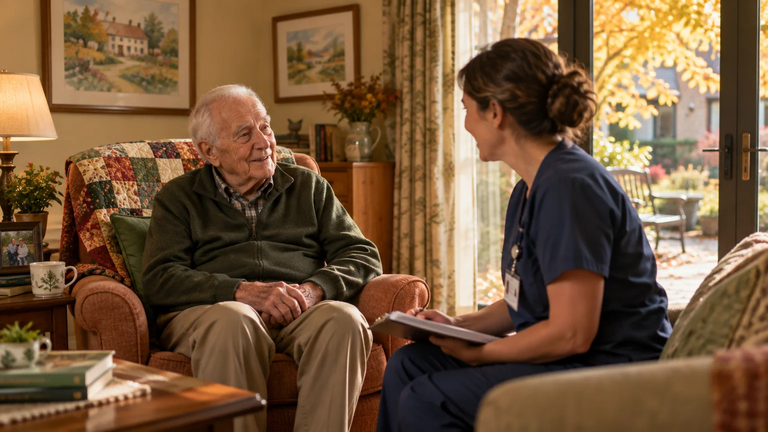 A nurse in blue scrubs sits with a clipboard, speaking to an elderly man resting in an armchair indoors.