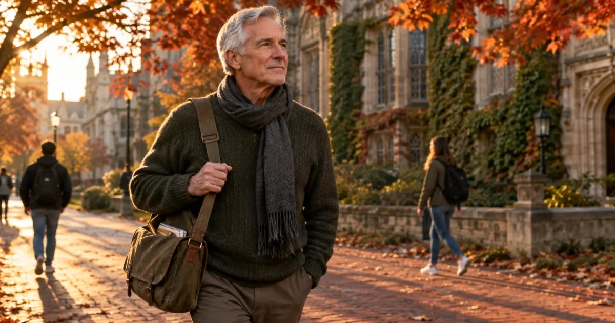 An older man with a satchel and scarf walks along a brick university campus path beneath autumn trees.