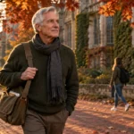 An older man with a satchel and scarf walks along a brick university campus path beneath autumn trees.