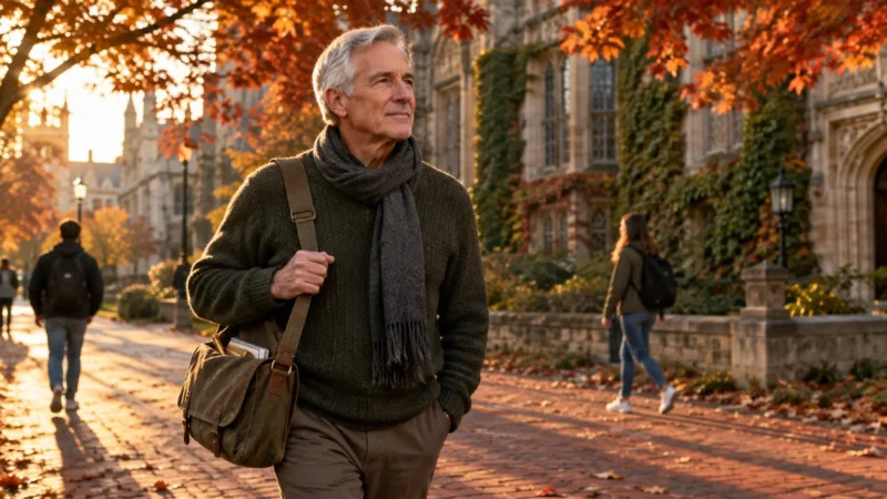 An older man with a satchel and scarf walks along a brick university campus path beneath autumn trees.