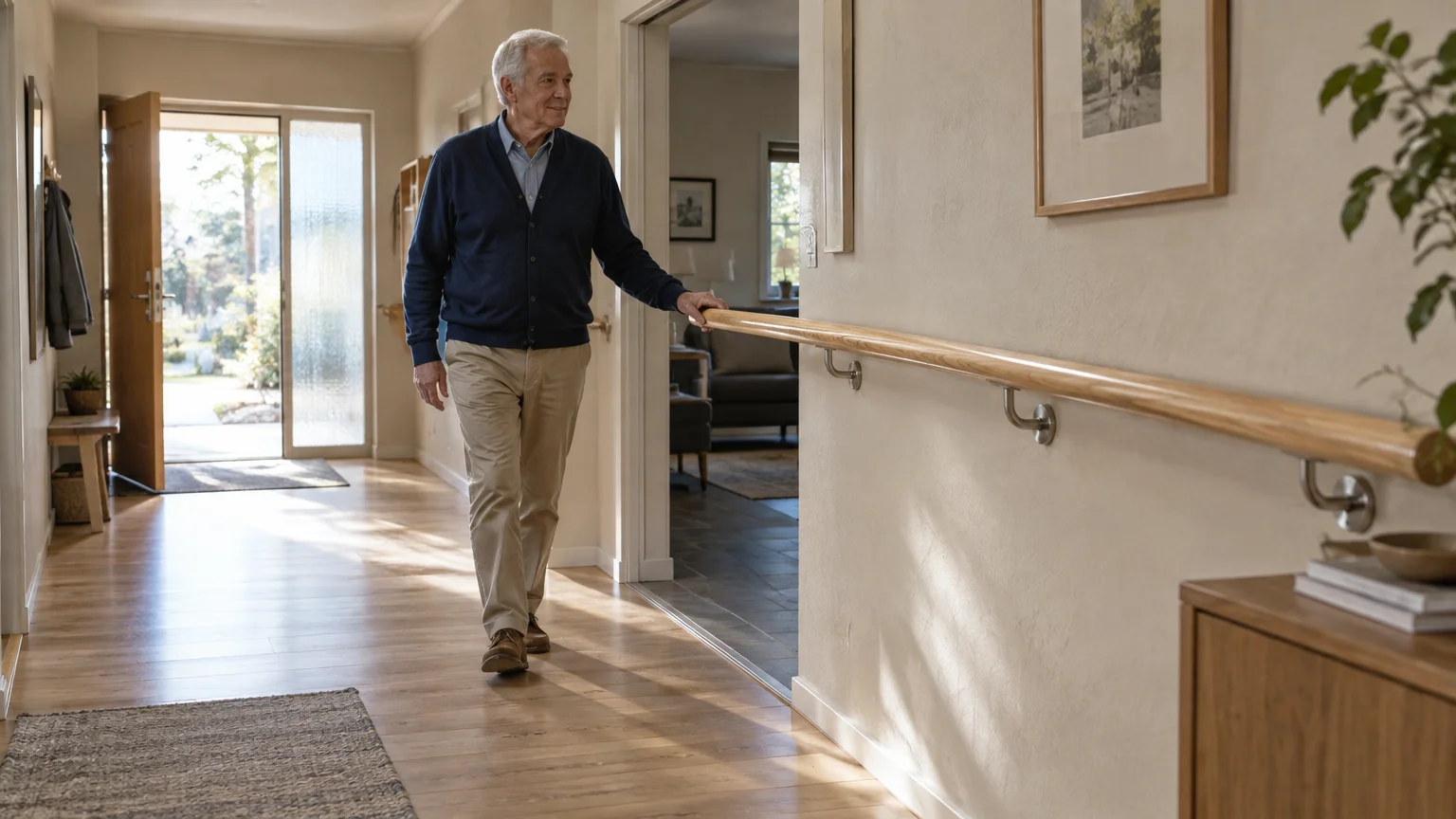 Senior man walking down a bright hallway while holding onto a wooden wall-mounted handrail.
