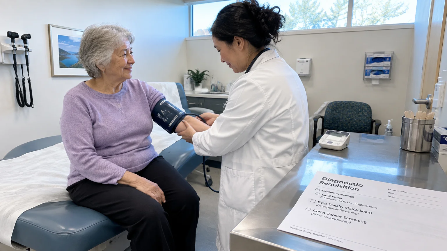 A doctor checks a senior woman's blood pressure in an exam room near a diagnostic requisition form.