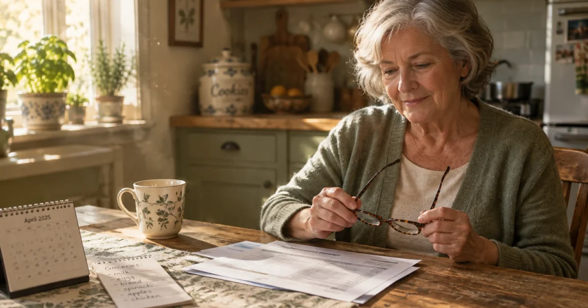 A senior woman sits at a wooden kitchen table holding eyeglasses, looking over papers beside a calendar and mug.