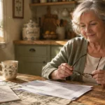 A senior woman sits at a wooden kitchen table holding eyeglasses, looking over papers beside a calendar and mug.