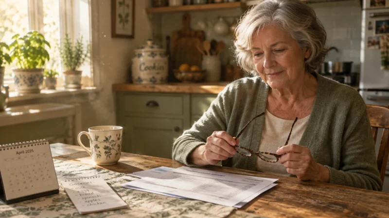 A senior woman sits at a wooden kitchen table holding eyeglasses, looking over papers beside a calendar and mug.