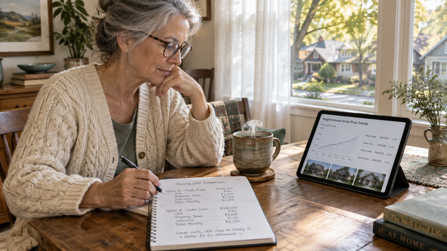 Senior woman reviewing housing cost notes at a table next to a tablet showing neighborhood real estate trends.