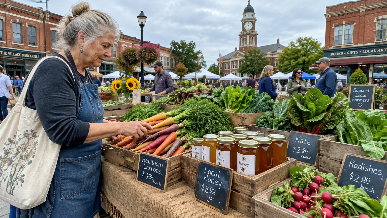 A woman selects heirloom carrots at an outdoor farmers market stand featuring jars of local honey, radishes, and greens.