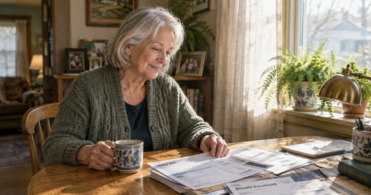 An older woman with gray hair smiling as she reviews utility bills and paperwork at a wooden table.