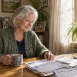 An older woman with gray hair smiling as she reviews utility bills and paperwork at a wooden table.