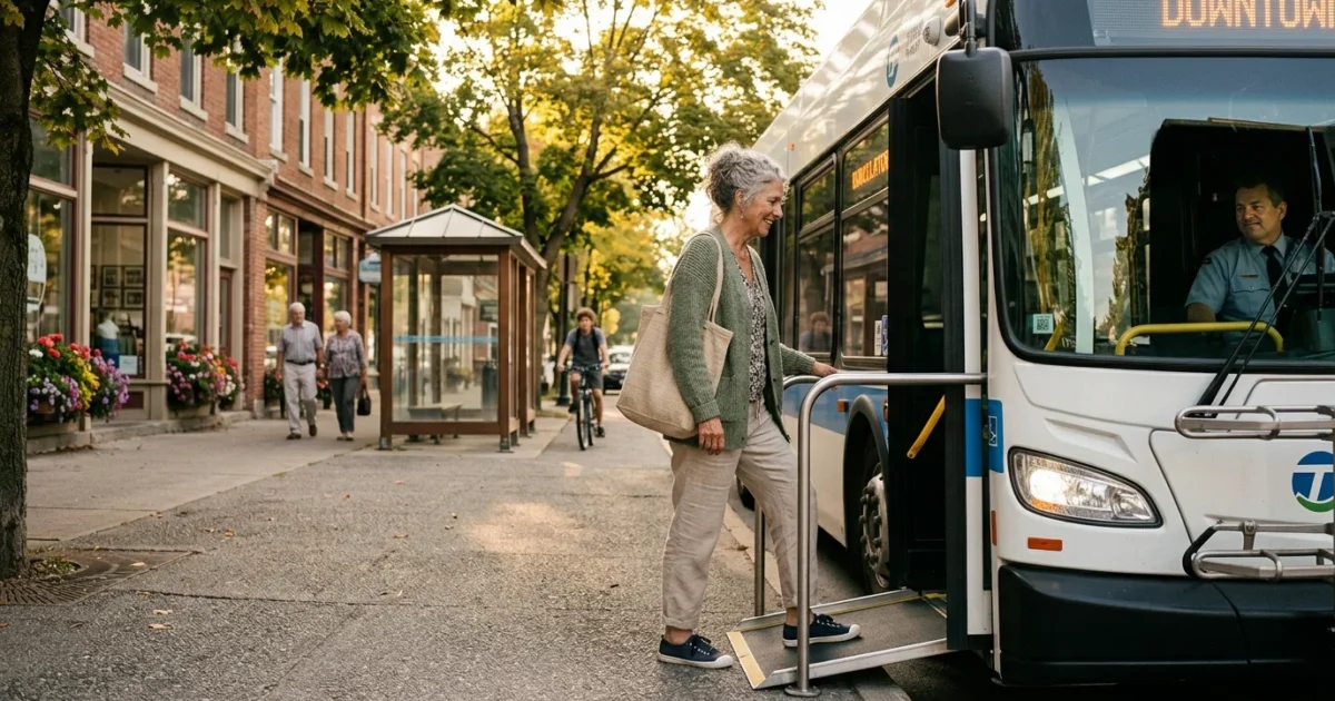 A smiling senior woman steps onto a public bus using an accessibility ramp along a tree-lined downtown sidewalk.
