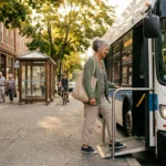 A smiling senior woman steps onto a public bus using an accessibility ramp along a tree-lined downtown sidewalk.